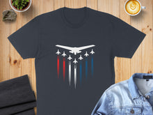 Load image into Gallery viewer, T-shirt with white fighter jets above red and blue trails.
