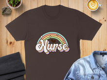 Load image into Gallery viewer, Brown t-shirt with "Nurse" in pastel rainbow lettering.
