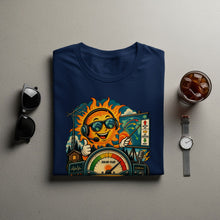 Load image into Gallery viewer, Navy t-shirt with cartoon sun, solar flux meter, and world map graphic.
