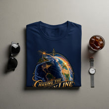 Load image into Gallery viewer, Dark blue t-shirt with a graphic of Earth and the text "Chasing the Long Line."
