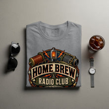 Load image into Gallery viewer, Gray t-shirt with "HOME BREW RADIO CLUB" text and vintage radio graphic.
