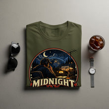 Load image into Gallery viewer, Green t-shirt with "Midnight DX" graphic of a radio operator at night.
