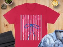 Load image into Gallery viewer, Red t-shirt with "I'm The Cool Teacher They Told You About" text and blue bow.

