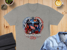 Load image into Gallery viewer, Grey t-shirt with cross, wings, roses, and "Independence Day" text.
