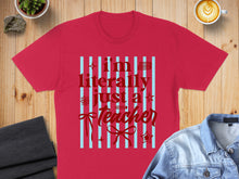 Load image into Gallery viewer, Red t-shirt with "I'm literally just a teacher" in text and graphics.
