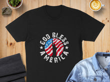 Load image into Gallery viewer, Black t-shirt with "God Bless America" text and American flag graphic.
