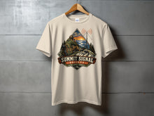 Load image into Gallery viewer, T-shirt with "Summit Signal Society" graphic featuring a hiker with radio on a mountain.

