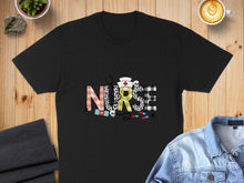 Load image into Gallery viewer, Black t-shirt with "NURSE" text featuring stethoscope, pills, and animal print.
