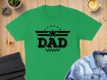Load image into Gallery viewer, Green t-shirt with black text and star graphic: DAD
