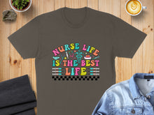 Load image into Gallery viewer, T-shirt with "Nurse Life Is The Best Life" text and medical icons.
