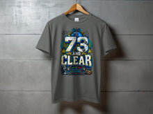 Load image into Gallery viewer, Gray t-shirt with "73 AND CLEAR" design featuring radio equipment and a world globe.

