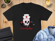 Load image into Gallery viewer, Black t-shirt with skull nurse graphic, stethoscope, and #nursetlife text.
