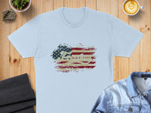Load image into Gallery viewer, Light blue t-shirt with distressed American flag and "Freedom" text.
