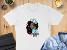Load image into Gallery viewer, White t-shirt with graphic of a nurse with curly hair and butterflies, "#NURSE LIFE" text.
