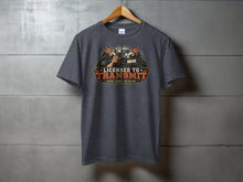 Load image into Gallery viewer, Dark grey t-shirt with "Licensed to Transmit" graphic featuring vintage radio equipment.

