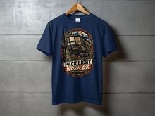 Load image into Gallery viewer, Navy t-shirt with a graphic featuring a backpack and radio equipment, with text "PACK LIGHT WORK DX RADIO EXPEDITION KIT".
