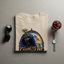 Load image into Gallery viewer, Cream t-shirt with a globe graphic and text "CHASING THE FLY LINE".
