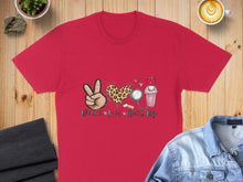 Load image into Gallery viewer, Red t-shirt with peace, love, and nursing graphic.
