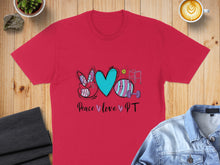 Load image into Gallery viewer, Red t-shirt with "Peace, Love, PT" text and playful graphics.
