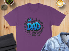 Load image into Gallery viewer, Purple t-shirt with "Dad" surrounded by words like funny, protector, hero.
