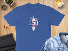 Load image into Gallery viewer, Blue t-shirt with patriotic 250th anniversary USA design featuring jets and dripping flag.
