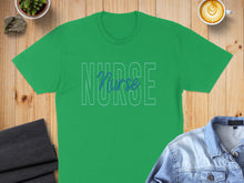 Load image into Gallery viewer, Green t-shirt with "Nurse" text design, displayed with jeans and coffee.
