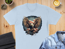 Load image into Gallery viewer, Light blue t-shirt with distressed American eagle graphic.

