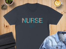 Load image into Gallery viewer, Dark t-shirt with "NURSE life" text in leopard print and teal lettering.
