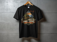 Load image into Gallery viewer, Black t-shirt with Summit Signal Society graphic featuring a hiker with radio and mountains.

