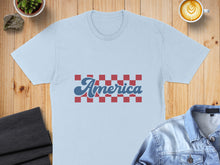 Load image into Gallery viewer, Light blue t-shirt with red and white checkered "America" graphic.
