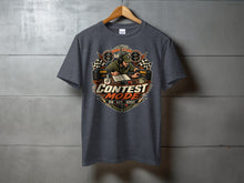 Load image into Gallery viewer, Dark grey t-shirt with "CONTEST MODE" graphic featuring a ham radio operator.
