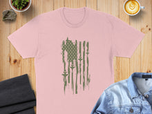 Load image into Gallery viewer, Pink t-shirt with distressed green US flag design featuring fighter jets.

