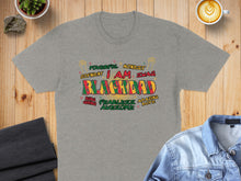 Load image into Gallery viewer, Gray t-shirt with "I AM BLACKDAD" text, surrounded by positive adjectives and graphic elements.
