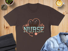 Load image into Gallery viewer, Brown t-shirt with "School Nurse" text and a stethoscope design.
