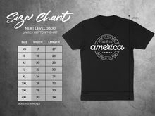 Load image into Gallery viewer, Next Level 3600 unisex cotton t-shirt size chart with width and length measurements.
