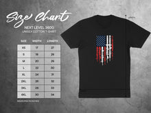 Load image into Gallery viewer, Next Level 3600 unisex cotton t-shirt size chart showing measurements in inches.
