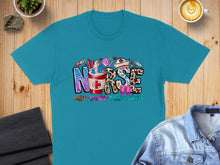Load image into Gallery viewer, Teal t-shirt with "Nurse" text and coffee, stethoscope, and scrubs design.
