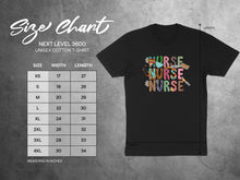 Load image into Gallery viewer, Unisex cotton t-shirt size chart with width and length measurements in inches.

