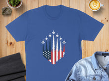 Load image into Gallery viewer, Blue t-shirt with American flag and fighter jets graphic.
