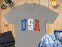 Load image into Gallery viewer, Gray t-shirt with distressed "USA" graphic in red, white, and blue stars.
