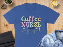 Load image into Gallery viewer, Royal blue t-shirt with "Coffee Nurse Repeat" text and heart monitor graphic.
