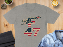Load image into Gallery viewer, Gray t-shirt with a vintage airplane and "47" in patriotic stars and stripes design.
