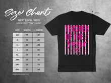 Load image into Gallery viewer, Next Level 3600 unisex cotton t-shirt size chart with measurements in inches.
