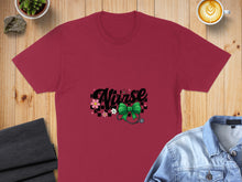 Load image into Gallery viewer, Burgundy t-shirt with "Nurse" text, stethoscope, and floral accents.
