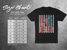 Load image into Gallery viewer, Size chart for Next Level 3600 unisex cotton t-shirt showing size, width, and length.
