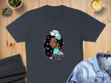 Load image into Gallery viewer, Dark t-shirt with graphic of a woman with curly hair and "Nurse Life" text.
