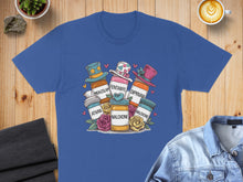 Load image into Gallery viewer, T-shirt featuring cartoon pills with hats and labels: Midazolam, Fentanyl, Diprivan, Ativan, Naloxone.
