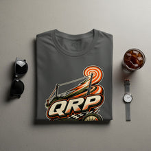 Load image into Gallery viewer, Gray t-shirt with a "QRP" graphic featuring an antenna and a racing flag.
