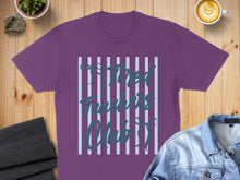 Load image into Gallery viewer, Purple t-shirt with "Tired Teachers Club" text and blue stripes.
