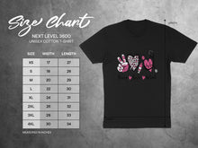 Load image into Gallery viewer, Next Level 3600 unisex t-shirt size chart with width and length measurements.
